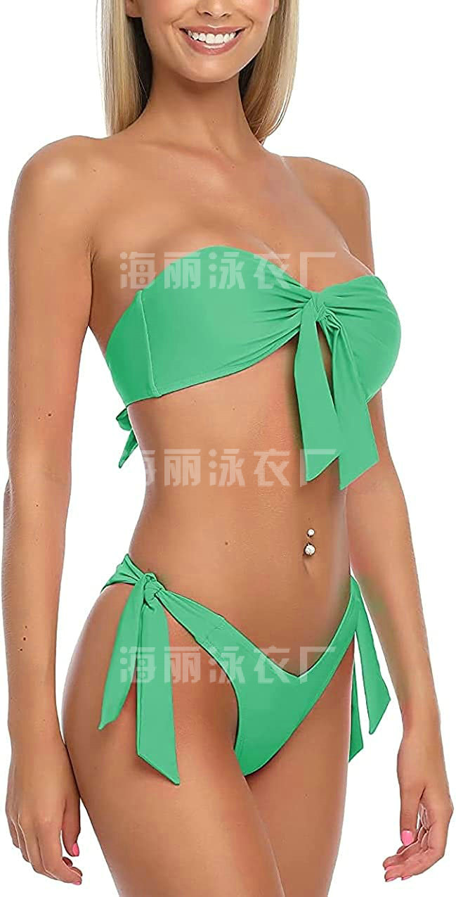 海丽泳衣厂 - 挂脖绑带可调节抹胸上围+巴西剪裁泳裤比基尼套装薄荷绿