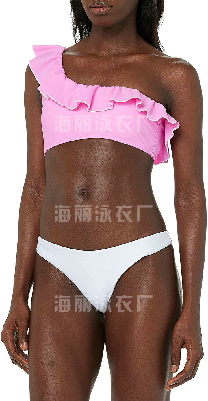 海丽泳衣厂 - 荷叶边单肩上衣+巴西剪裁丁字裤比基尼套装粉色白色撞色